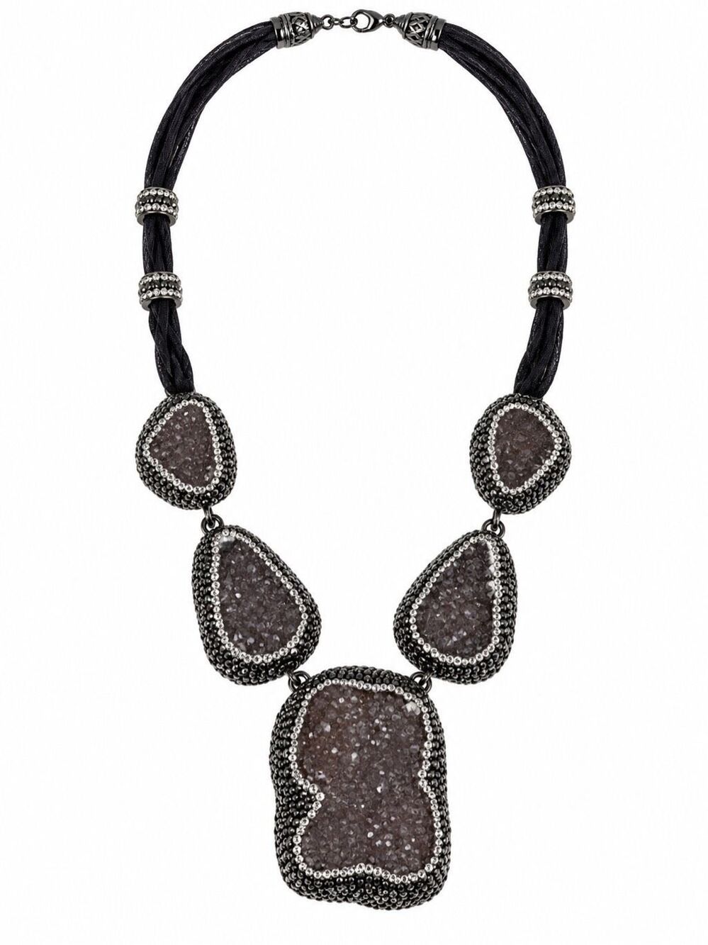 925 Sterling Silver Druzy Style Crystal Statement Necklace Black Multi Strand